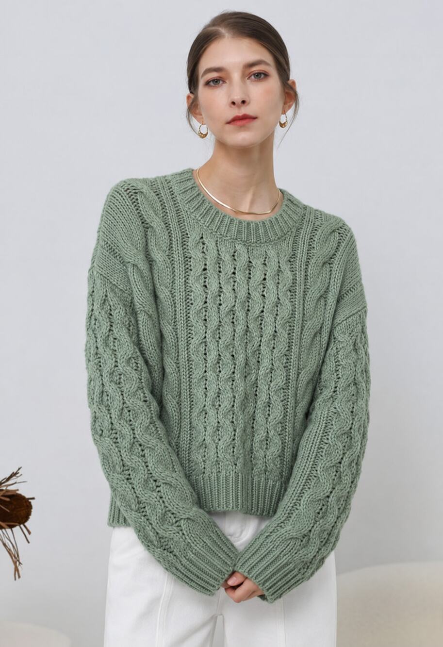 For The Republic NWT S Sage Green Alpaca Wool Cable Knit Chunky Sweater Cozy